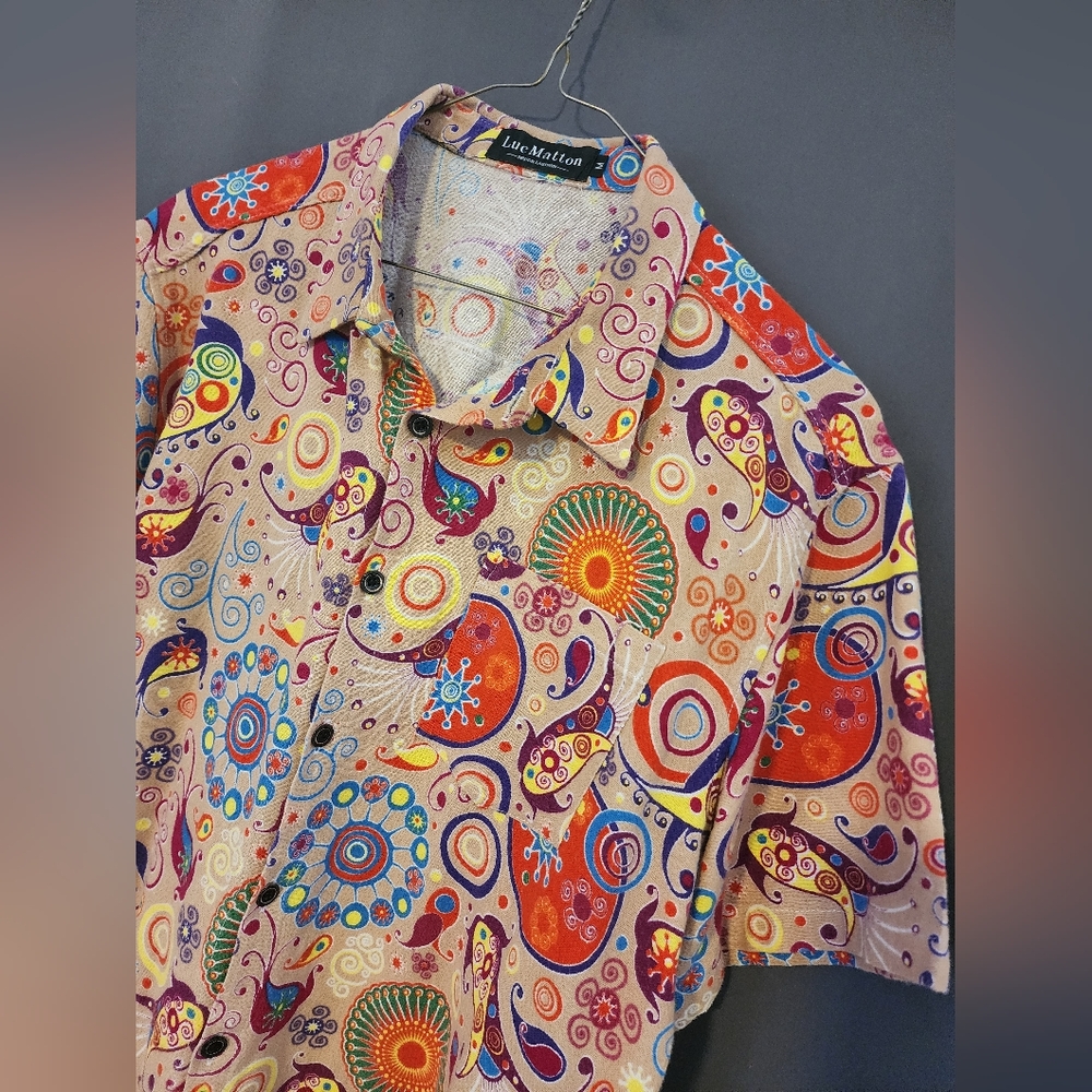 Luc Matton Shirt, Men's size Medium Colorful Cotton Linen Short Sleeve Shirt - Picture 4 of 6